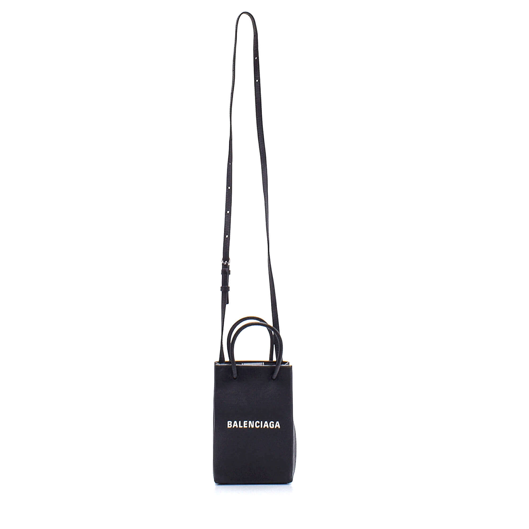 Balenciaga - Black Leather Logo Phone Holder Mini Shopping Bag